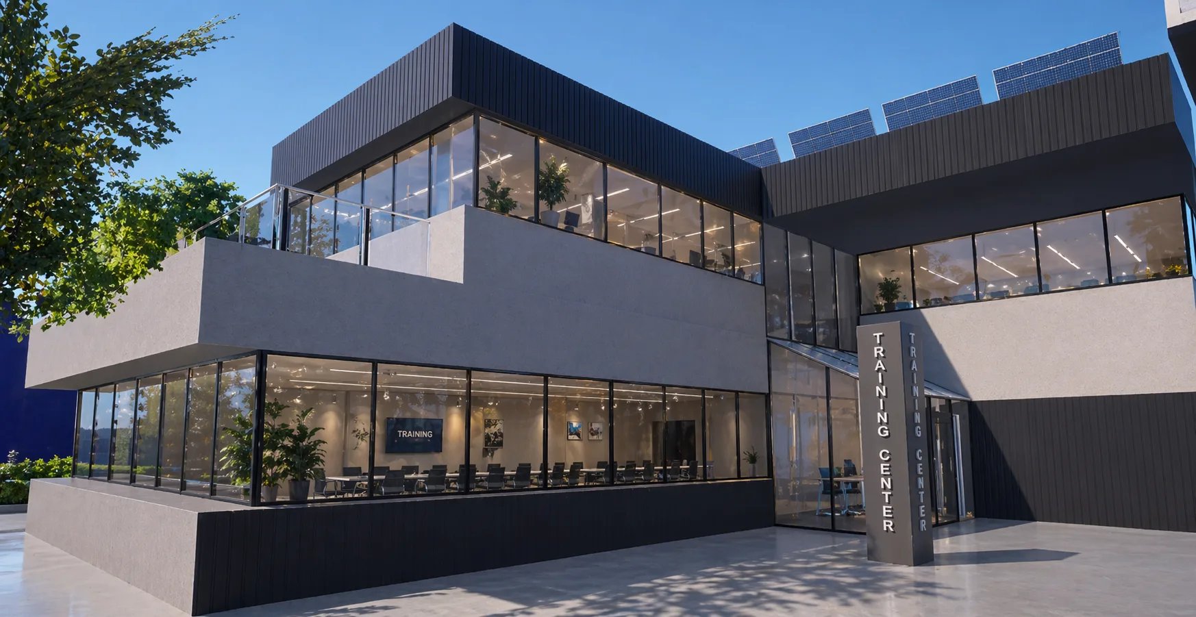 Architectural rendering of a two-story community training center with rooftop solar panels and glass-walled classrooms